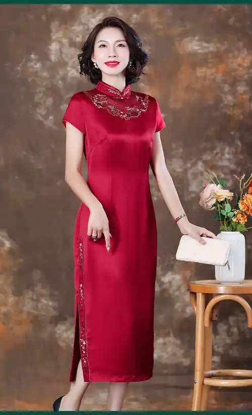 法士隆高档喜婆婆婚宴装年轻款夏款连衣裙女旗袍主持人礼服婚庆喜妈妈