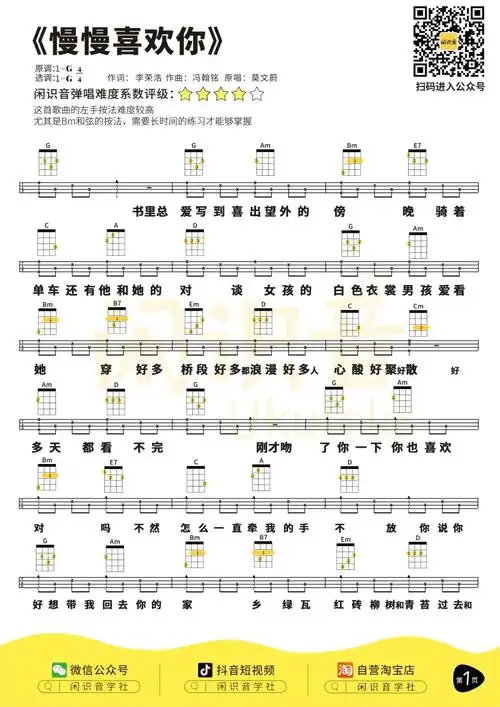 慢慢喜欢你尤克里里曲谱-对岸曲谱