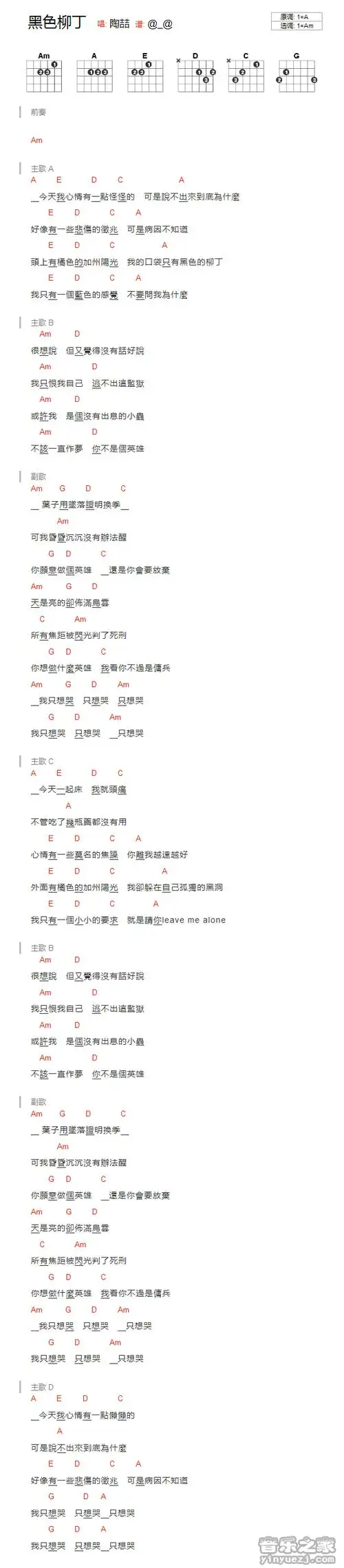 陶喆《黑色柳丁》吉他谱-guitar music score
