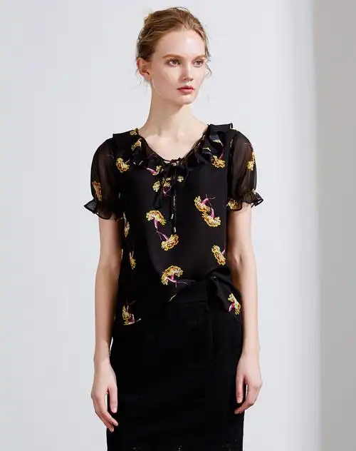 juzui/玖姿新品碎花短袖女式气质雪纺小衫