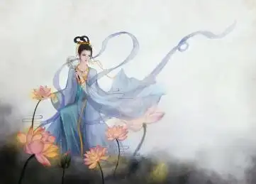 古风插画荷花池飘逸的汉服仙女