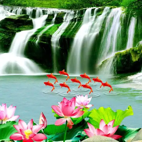 魔方钻石画满钻圆钻流水生财九鱼旺财风景荷