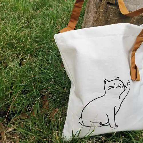 豆荚自制|逗猫咪猫猫图案单肩日系购物袋帆布袋环保袋磁扣内袋