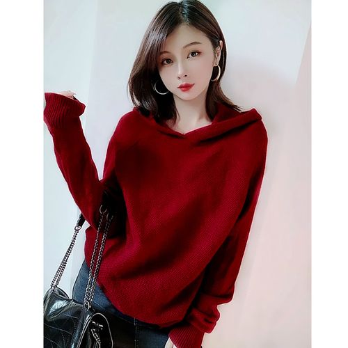 红色针织连帽卫衣女秋冬韩版宽松显瘦百搭短款车厘子红色套头毛衣