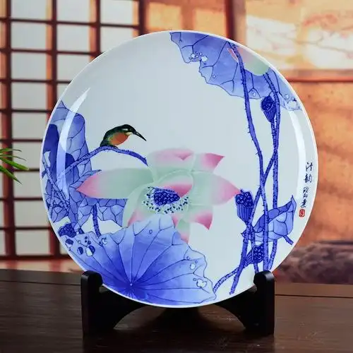 瓷拍景德镇陶瓷盘装饰盘子摆件荷花鸟清韵特色玄关现代居家工艺品