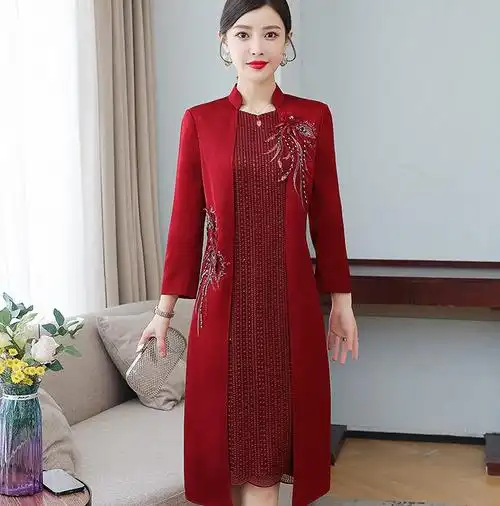 婚礼结婚妈妈礼服春秋款高贵喜婆婆婚宴装两件套连衣裙秋冬年轻款