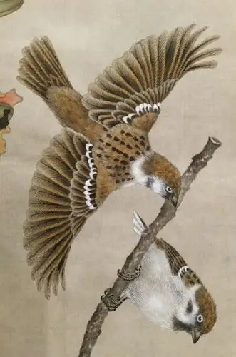 写实工笔花鸟画欣赏:《凤凰花间雀逍遥》