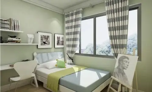 儿童房乳胶漆的颜色为黄绿色,代表着年轻有朝力,卧室,白色,绿色,相片