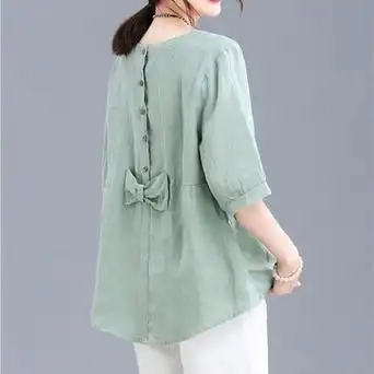 大码夏装棉麻上衣胖复古减龄文艺贴布后背蝴蝶结宽松短袖桖女