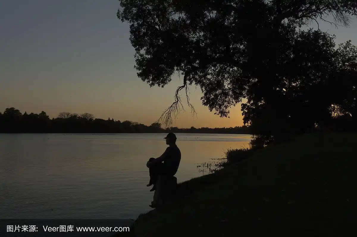 湖边一个人坐在树桩上的剪影