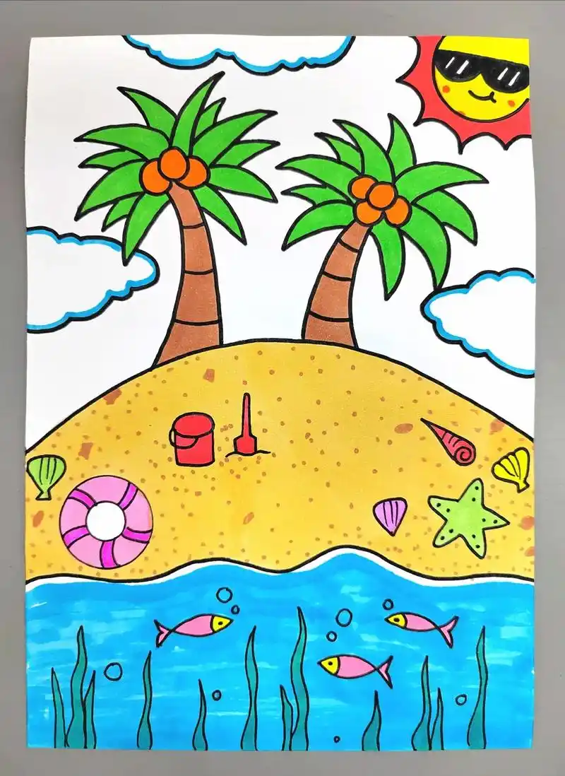 夏天主题画——《夏日海滩》风景画,简单好看,快来试试吧#图文 - 抖音