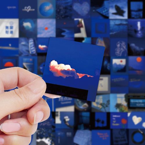 63张克莱因蓝背景文字好运贴纸忧郁风手账素材手机笔记本贴画小众