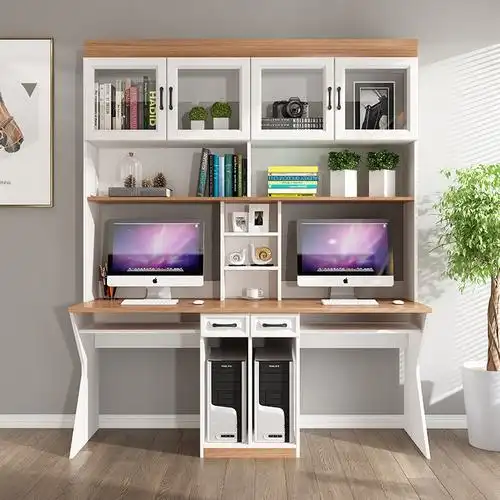 书柜书桌书一体书架组合简约双人电脑桌写字台学习桌子家用办公桌