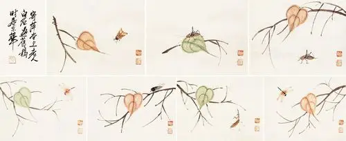 齐白石贝叶草虫册页设色纸本