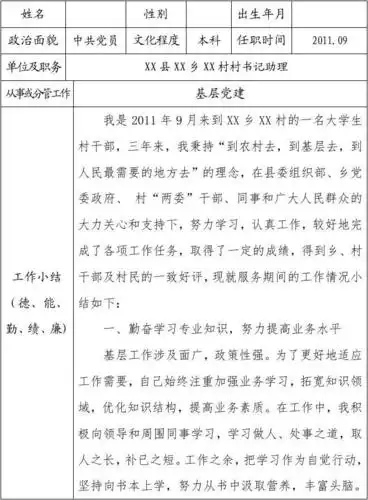 大学生村干部期满考核鉴定表填写样板