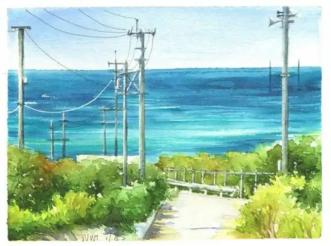 风景水彩田园山水大海蓝天手绘