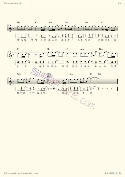 电子琴谱父亲c调电子琴谱筷子兄弟