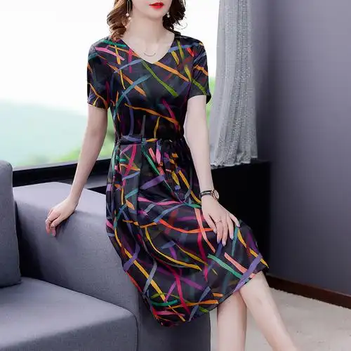 贵夫人高端品牌女装真丝连衣裙大码收腰显瘦短袖中长款桑蚕丝裙子