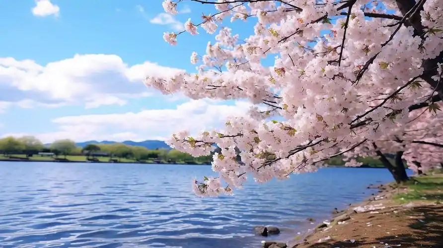 水边的樱花树倒影盛开的樱花浪漫风景唯美壁纸