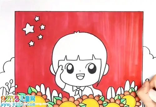 1,先在底部画一些花朵和叶子,然后画一个小女孩,戴着红领巾正在敬礼.