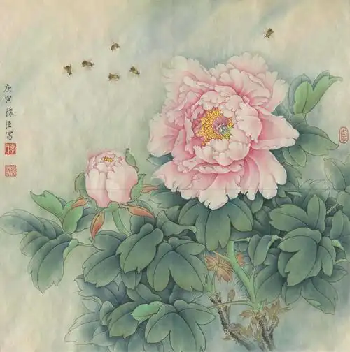 [国画高清大图]0033_李怀臣工笔牡丹高清图jpg格式_轻红蔓引蜂真迹