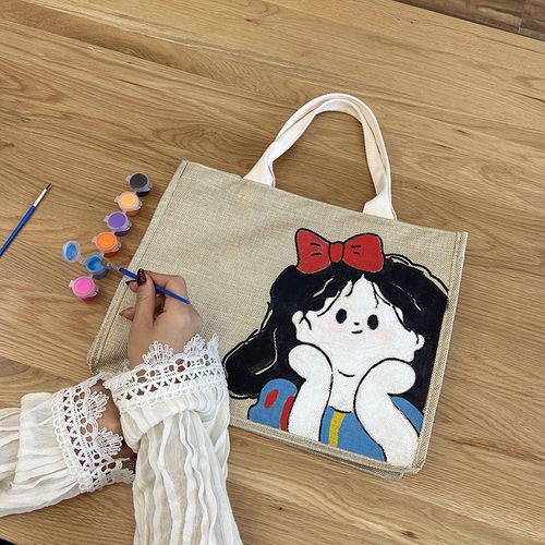 自制创意涂鸦diy材料包涂色麻布袋便当包手提手绘帆布包麻布包diy