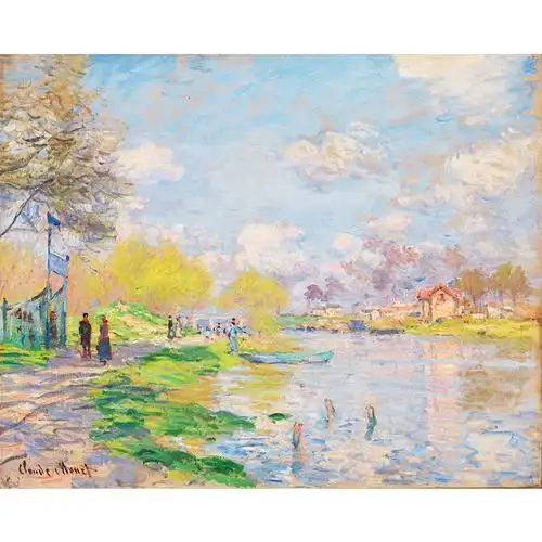 新品塞纳河畔的春天莫奈印刷喷绘仿制油画客厅装饰画挂画有框画墙