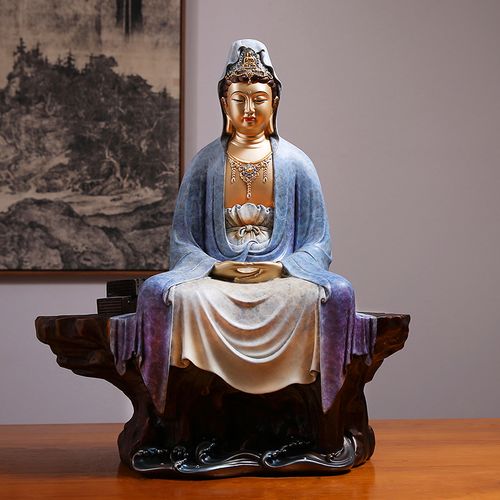 贴金箔自在南海观音佛像铜像纯铜金身家供禅定彩绘观世音菩萨摆件