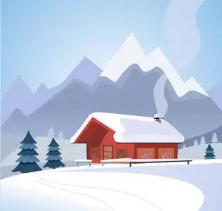 阳光贺卡冬天的雪景,有山和木木原木的乡村房子,有着多雪的自然阳光.