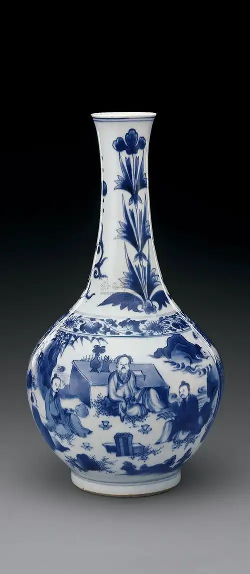 2139 明崇祯 青花竹林人物长颈瓶