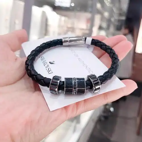 施华洛世奇男士手链转运珠黑色皮绳编织女手绳情侣款手镯七夕礼物