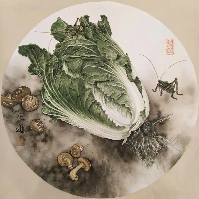 蔡元通写实工笔花鸟画作品欣赏:《大白菜》 - 抖音