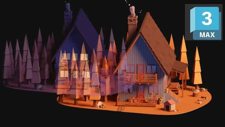 【3dmax场景建模】一组森林小房子场景制作,适合零基础跟做的案例!