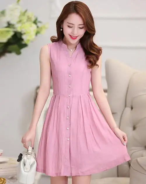 女粉色单排扣无袖衬衫连衣裙(配腰带)