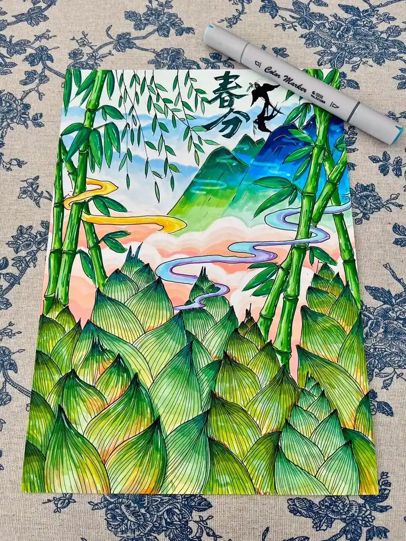 马克笔节气主题画『春分』.万物复苏,春回大地#传统文化 #一 - 抖音