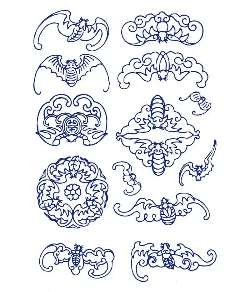 传统纹样图案-蝙蝠纹(六) "蝠"与"福"同音,在中国传统装饰艺术中,蝙蝠