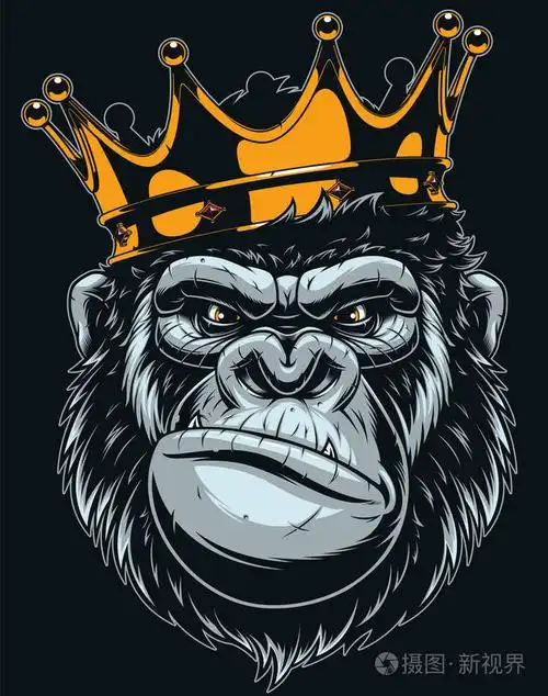 向量例证, 凶猛的大猩猩头与冠, 在黑背景