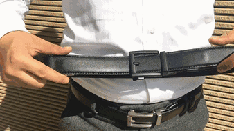 回到皮带正面的皮带扣,它采用穿插型的设计,释放或者调整皮带时,只需