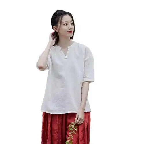 短袖苎麻女透气清凉上衣衬衫休闲风女t恤24夏装文艺棉麻薄款中式