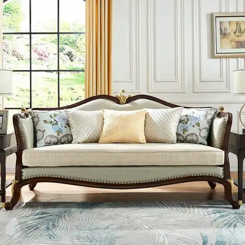 美式轻奢实木沙发组合欧式真皮沙发雕花皮布艺三人沙发客厅后现代