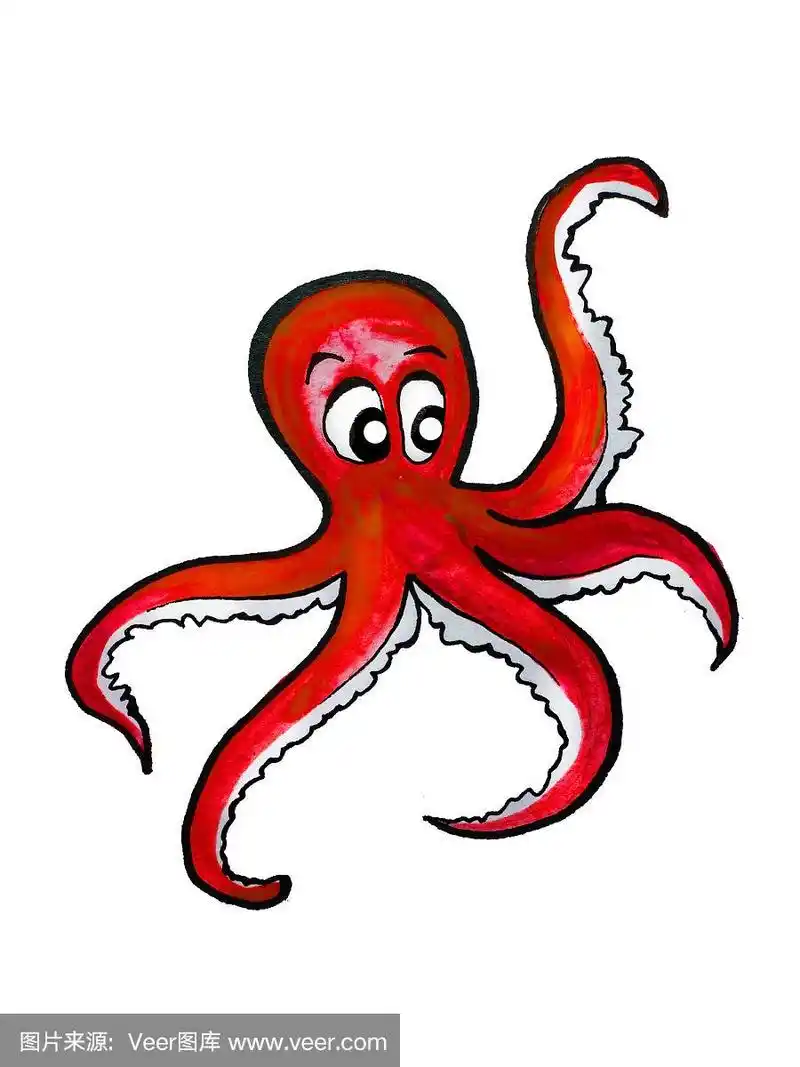 红色卡通章鱼,手绘水彩插图