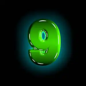 光滑的绿色塑料设计字体-数字9孤立在黑色背景,三维符号插图照片
