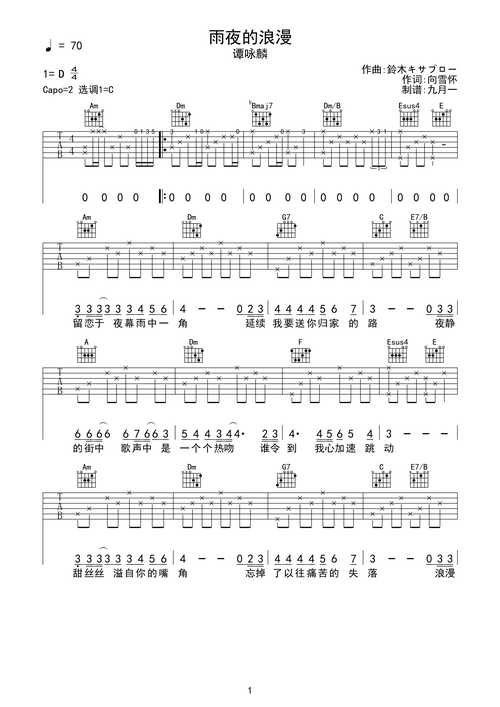 雨夜的浪漫-谭咏麟 完美c调完整版吉他谱c调六线pdf谱吉他谱-虫虫吉他