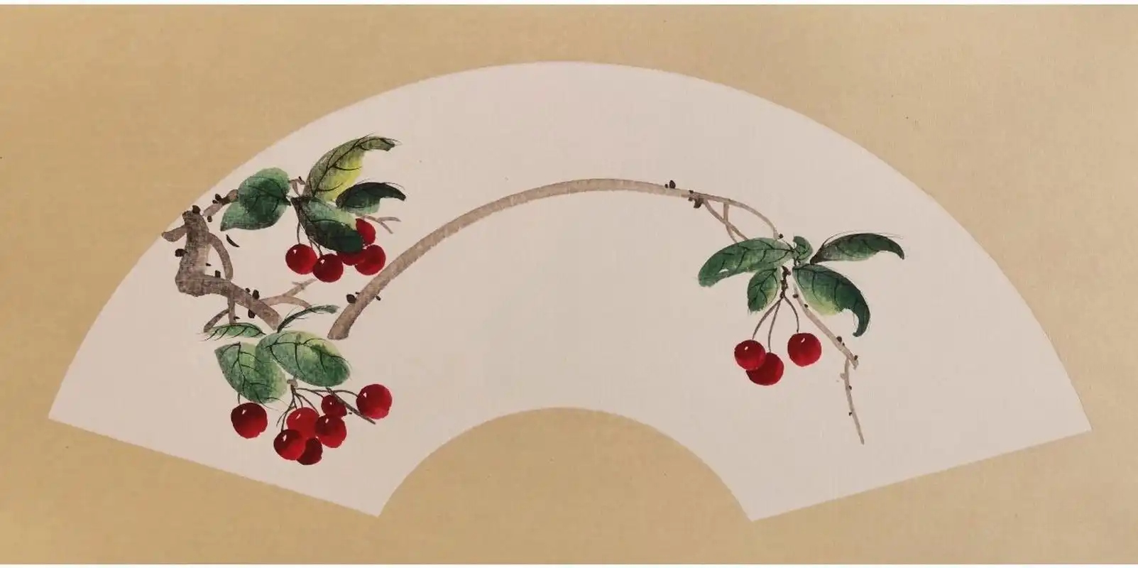 国画扇面 写意樱桃 兰花 梅花组合