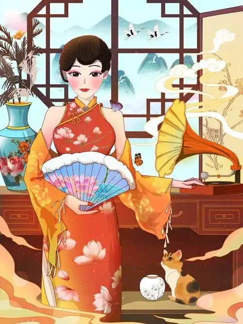 橙色旗袍民国风插画素材