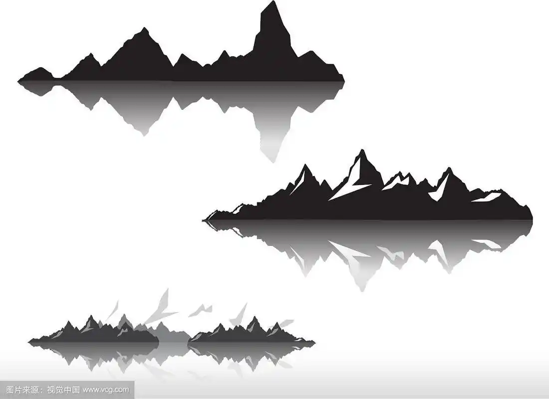 一组黑色和白色的山剪影