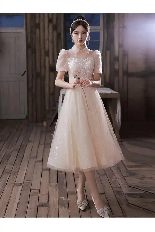 中学生独唱演出服女礼服香槟色晚礼服2022宴会气质中长款学生连衣裙小