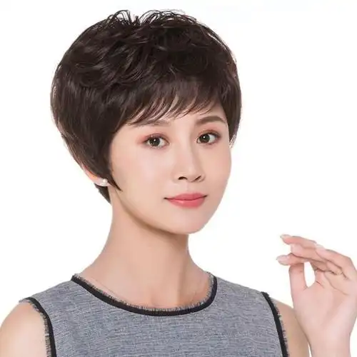 假短发女 轻薄 气质中老年时尚真发化全妈妈式头套真人发丝发型款已售