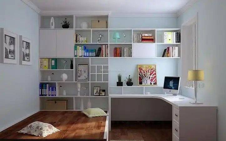 卧室书桌书柜收纳盒图片:卧室书桌柜子一体效果图?