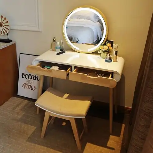 北欧梳妆台卧室网红ins风现代简约化妆桌女80cm小户型化妆台带灯